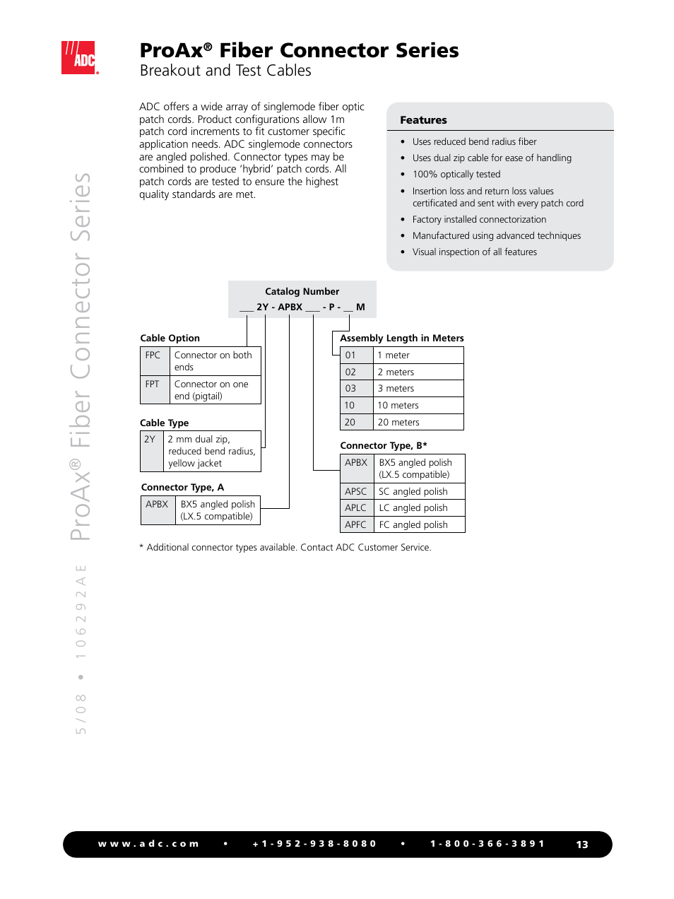 Pr oax, Fiber connector series, Proax | Breakout and test cables | ADC Triaxial Camera Connectors ProAx User Manual | Page 13 / 16