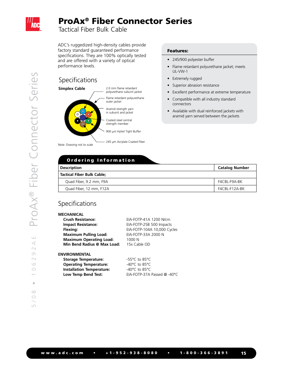 Pr oax, Fiber connector series, Proax | Tactical fiber bulk cable, Specifications | ADC Triaxial Camera Connectors ProAx User Manual | Page 15 / 16