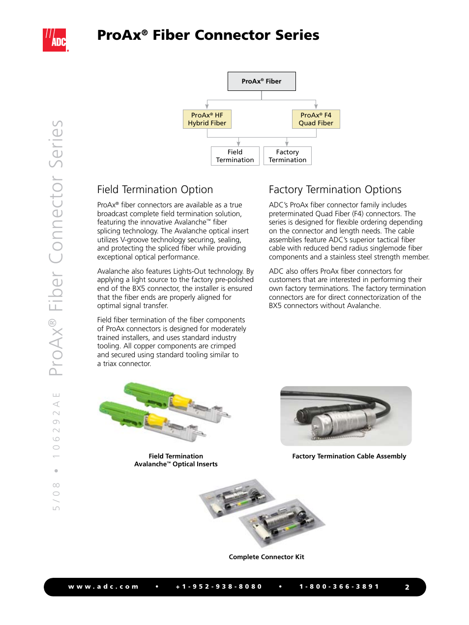 Pr oax, Fiber connector series, Proax | Factory termination options, Field termination option | ADC Triaxial Camera Connectors ProAx User Manual | Page 2 / 16