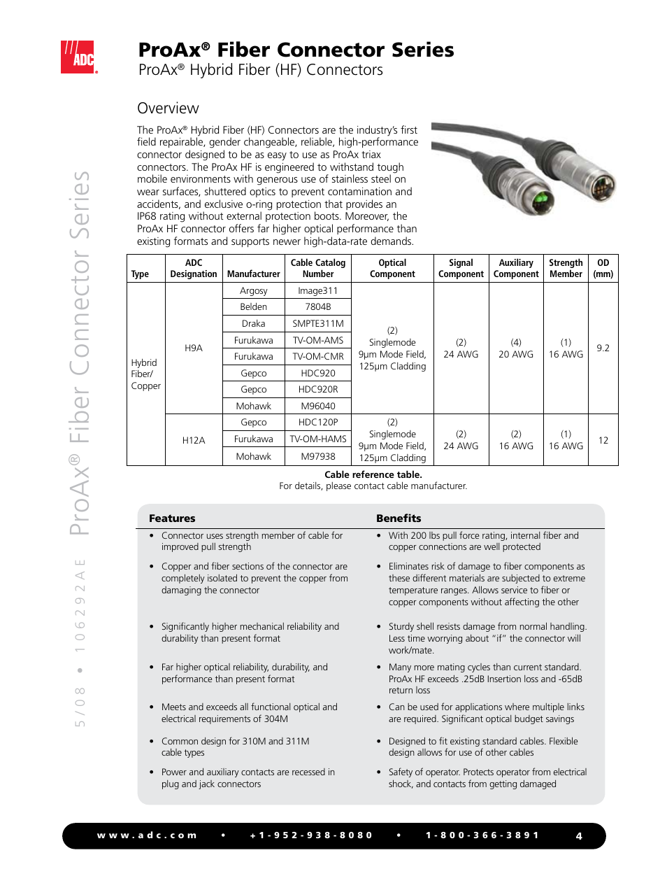 Pr oax, Fiber connector series, Proax | Hybrid fiber (hf) connectors overview | ADC Triaxial Camera Connectors ProAx User Manual | Page 4 / 16