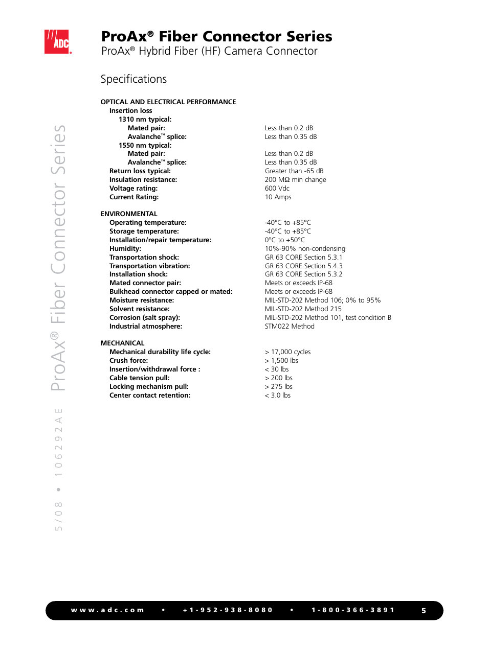 Pr oax, Fiber connector series, Proax | Hybrid fiber (hf) camera connector specifications | ADC Triaxial Camera Connectors ProAx User Manual | Page 5 / 16