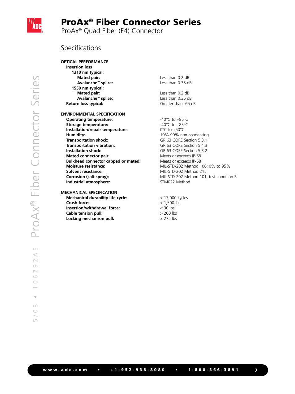 Pr oax, Fiber connector series, Proax | Quad fiber (f4) connector specifications | ADC Triaxial Camera Connectors ProAx User Manual | Page 7 / 16