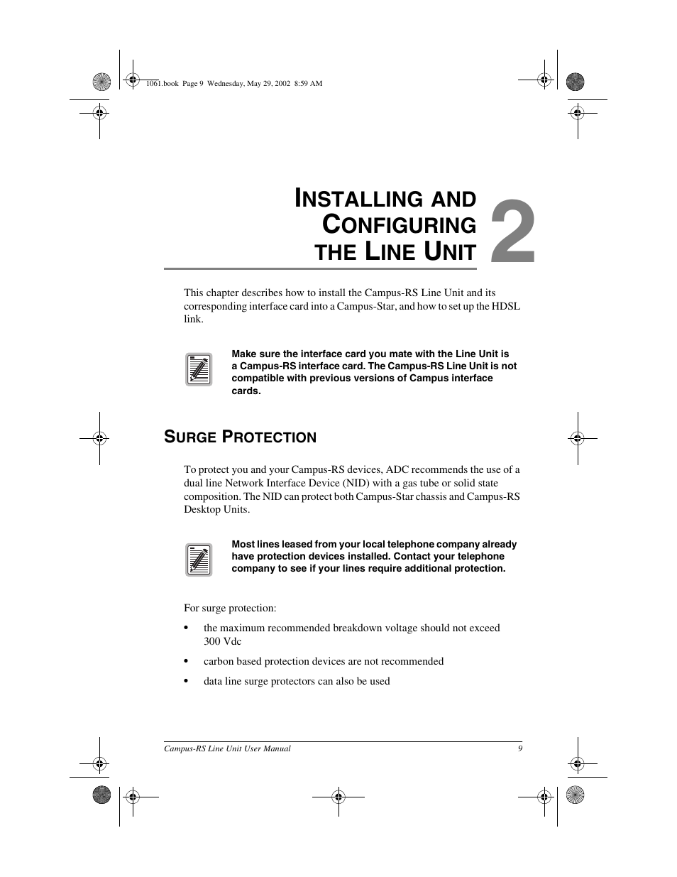 Surge protection, Nstalling, Onfiguring the | ADC Campus RS Destop Unit User Manual | Page 17 / 32