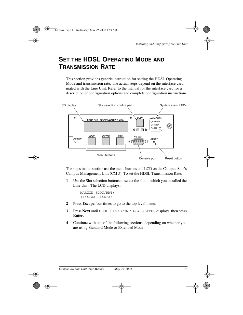Set the hdsl operating mode and transmission rate, Hdsl o, Perating | Ransmission | ADC Campus RS Destop Unit User Manual | Page 21 / 32