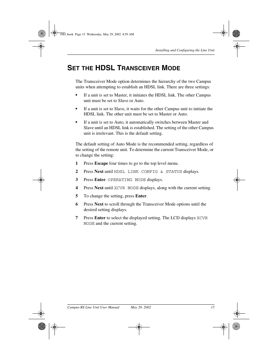Set the hdsl transceiver mode, Set the hdsl transceiver, Mode | Hdsl t | ADC Campus RS Destop Unit User Manual | Page 23 / 32
