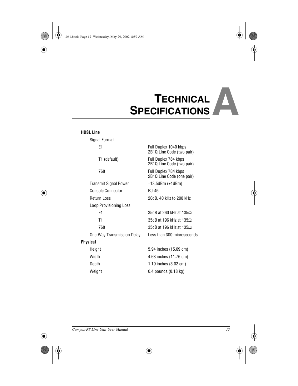 Technical specifications, Appendix a: technical specifications, Echnical | Pecifications | ADC Campus RS Destop Unit User Manual | Page 25 / 32