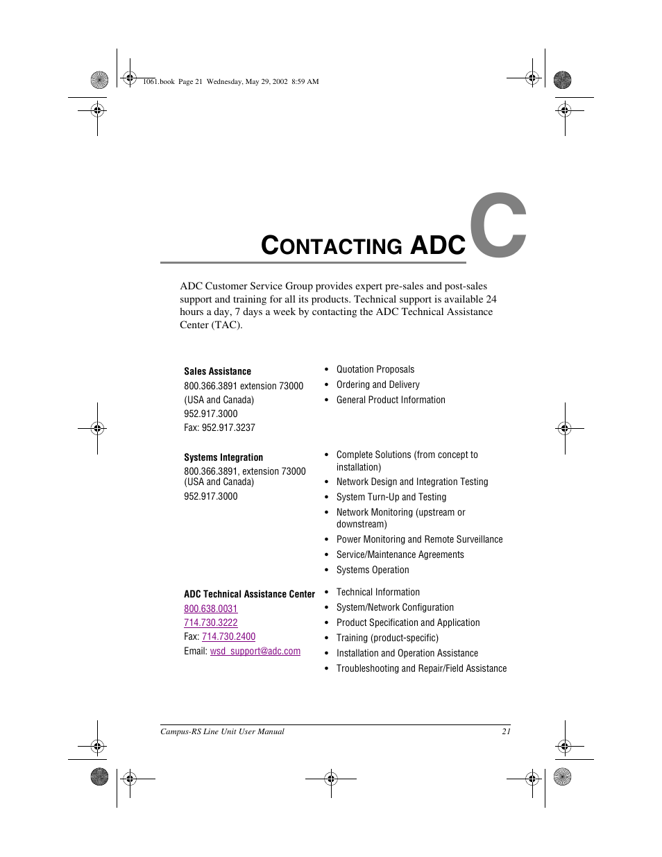 Contacting adc, Product support, Ontacting | ADC Campus RS Destop Unit User Manual | Page 29 / 32