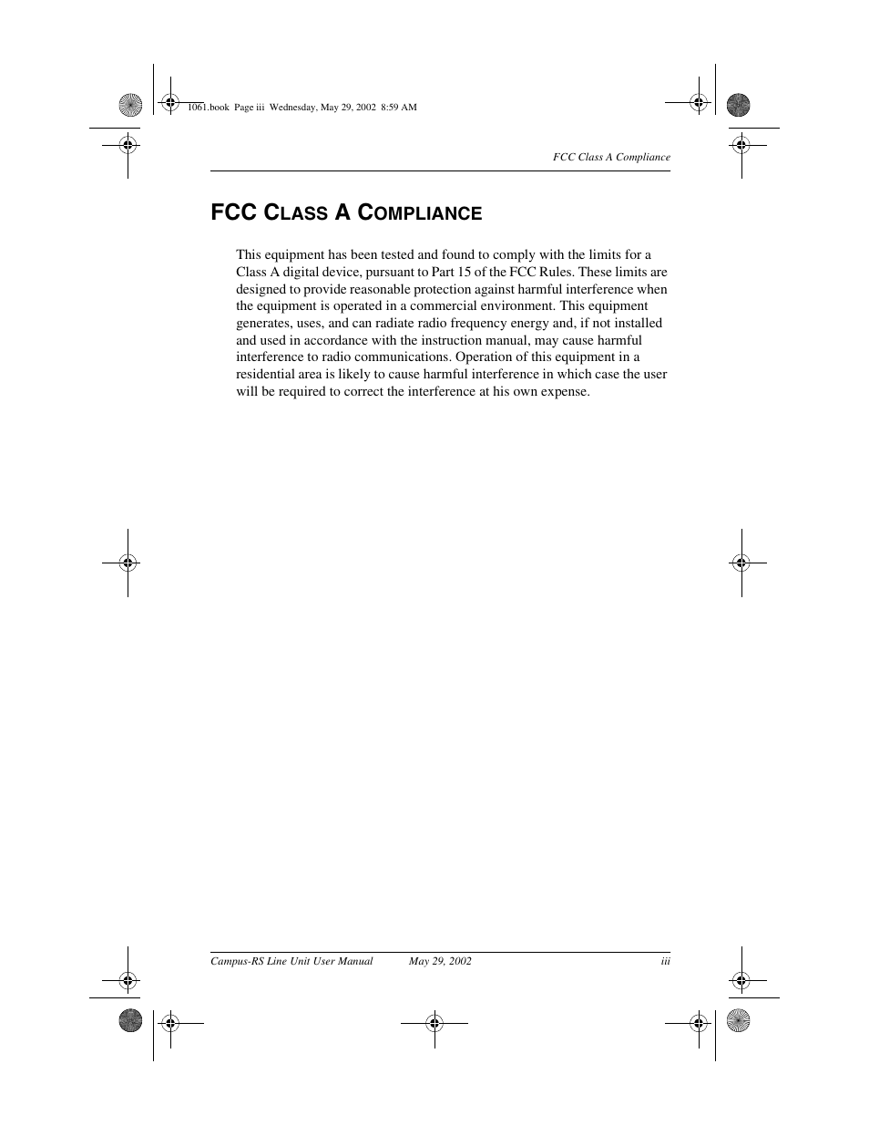 Fcc c, Lass, Ompliance | ADC Campus RS Destop Unit User Manual | Page 3 / 32