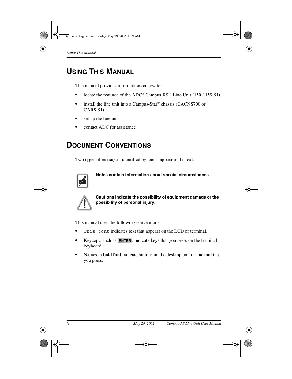 Sing, Anual, Ocument | Onventions | ADC Campus RS Destop Unit User Manual | Page 4 / 32