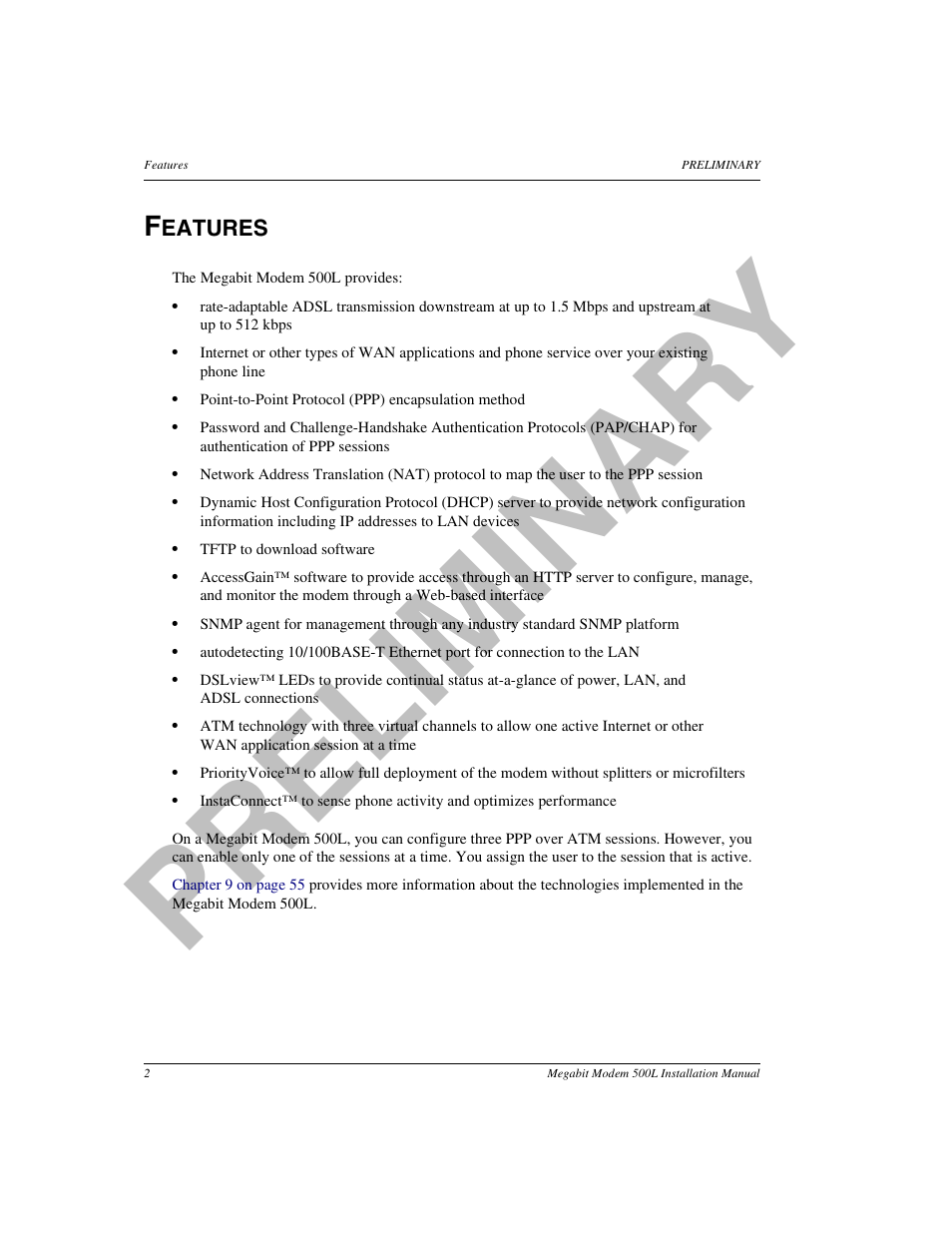Features, Pr el im in a ry | ADC 500L User Manual | Page 10 / 98