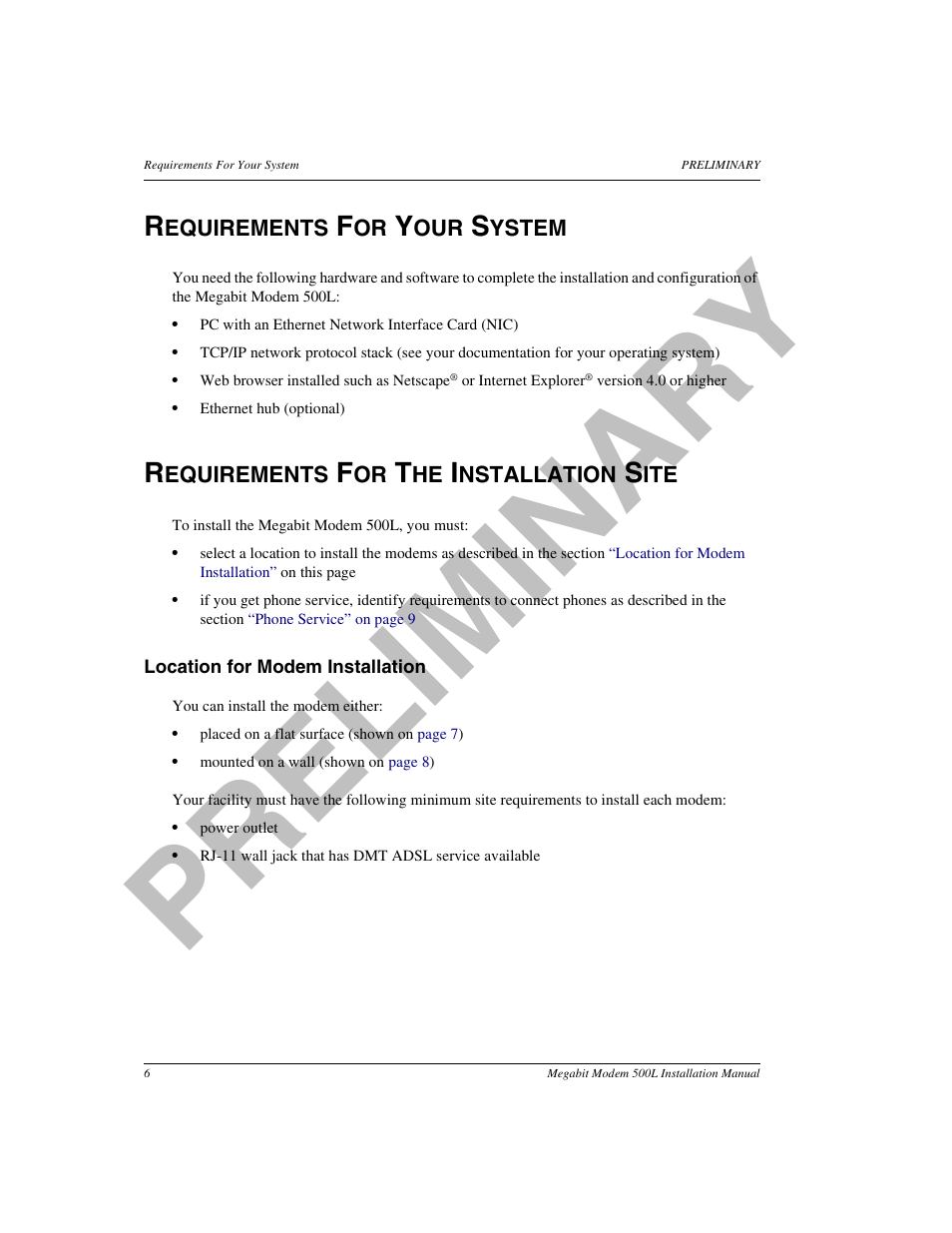 Requirements for your system, Requirements for the installation site, Location for modem installation | Requirements for the installation | ADC 500L User Manual | Page 14 / 98