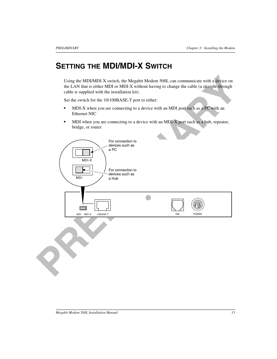 Setting the mdi/mdi-x switch, Pr el im in a ry | ADC 500L User Manual | Page 21 / 98