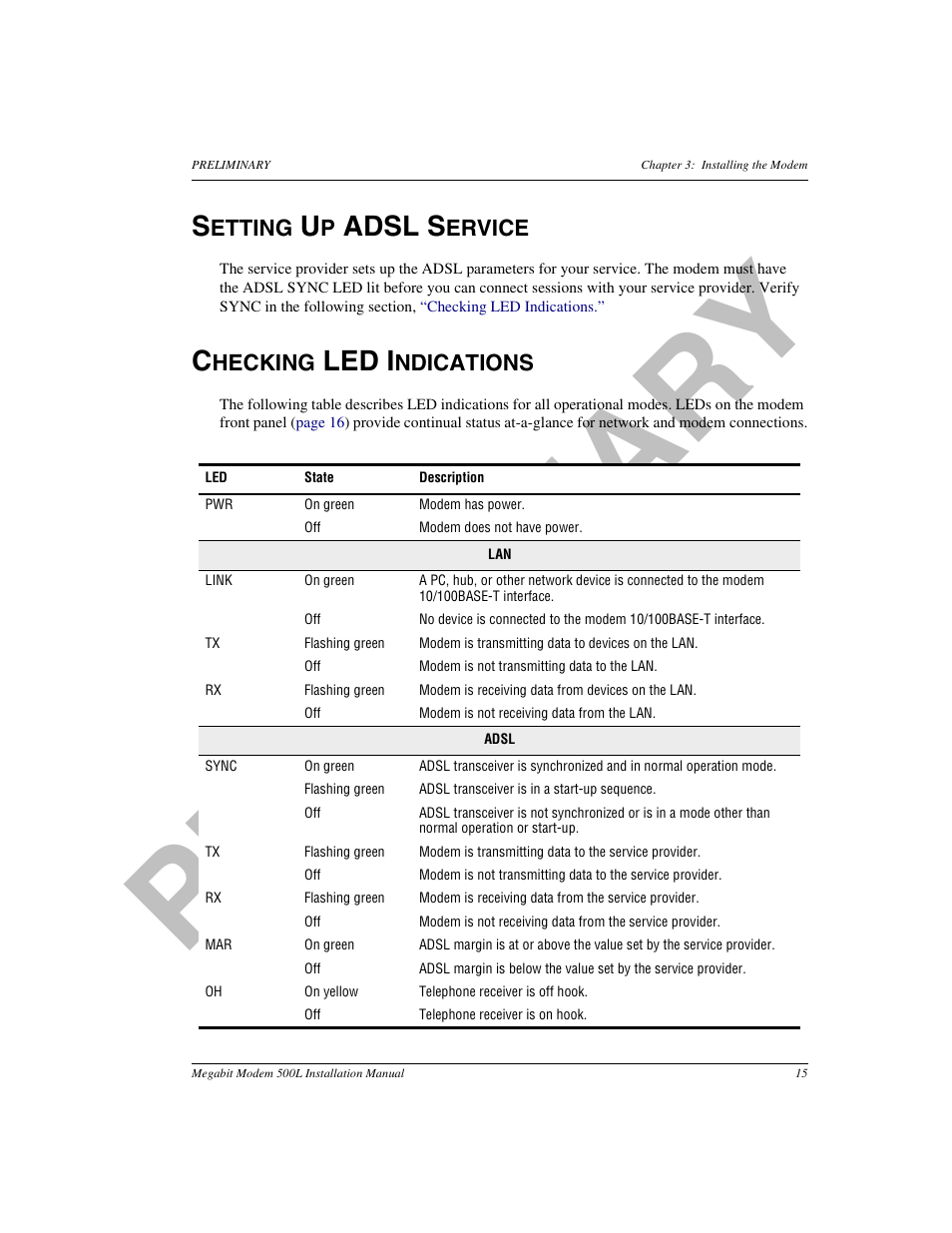 Setting up adsl service, Checking led indications, Pr el im in a ry | Adsl s, Led i | ADC 500L User Manual | Page 23 / 98