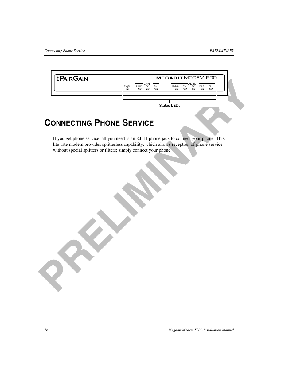 Connecting phone service, Pr el im in a ry | ADC 500L User Manual | Page 24 / 98