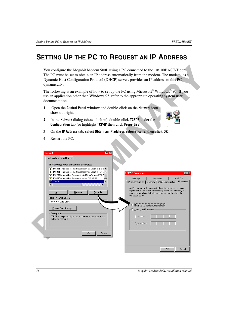 Setting up the pc to request an ip address, Setting up the pc to request an ip, Address | Pr el im in a ry | ADC 500L User Manual | Page 26 / 98