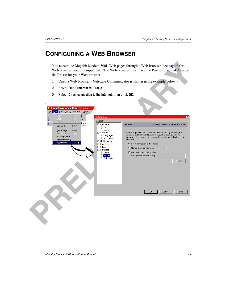 Configuring a web browser, Pr el im in a ry | ADC 500L User Manual | Page 27 / 98