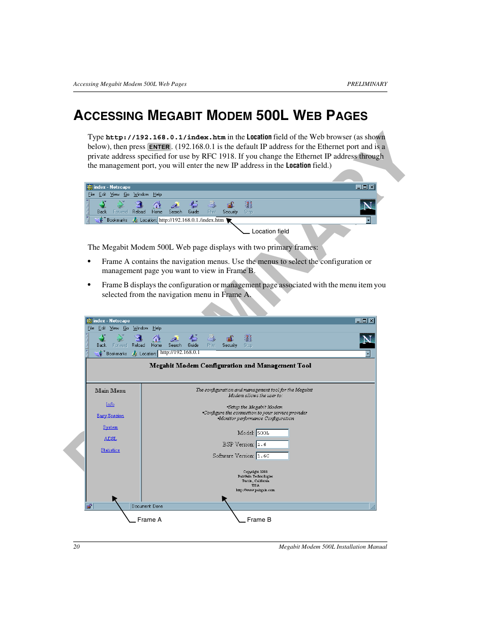 Accessing megabit modem, Accessing, Accessing megabit modem 500l | Pr el im in a ry | ADC 500L User Manual | Page 28 / 98