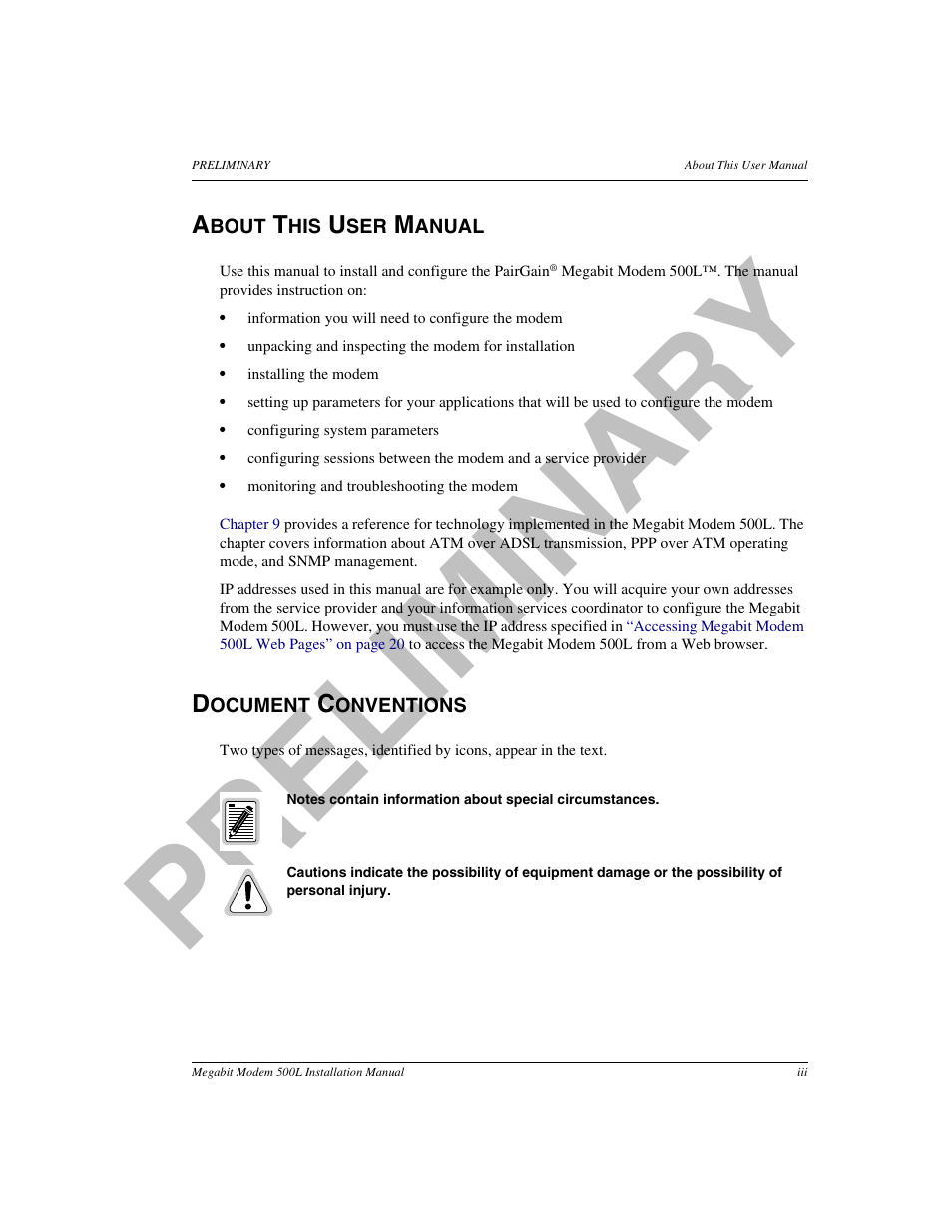 About this user manual, Document conventions, Pr el im in a ry | ADC 500L User Manual | Page 3 / 98