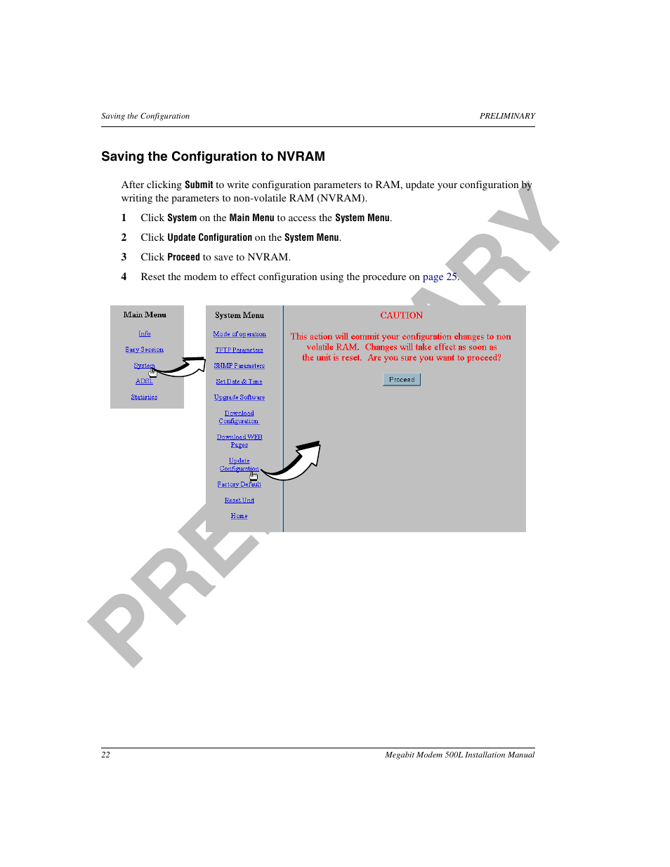 Saving the configuration to nvram, Pr el im in a ry | ADC 500L User Manual | Page 30 / 98