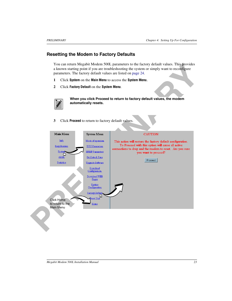 Resetting the modem to factory defaults, Pr el im in a ry | ADC 500L User Manual | Page 31 / 98