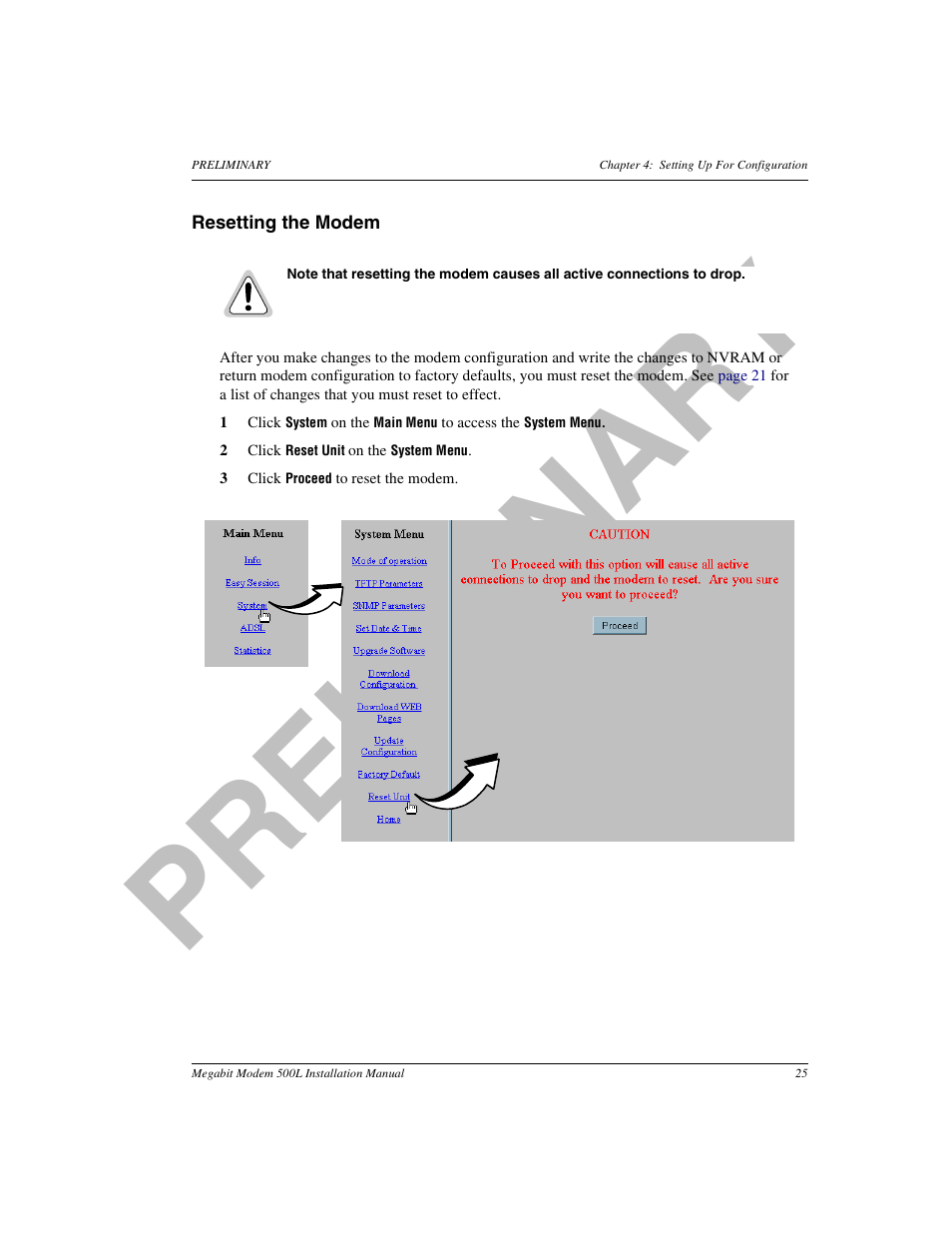 Resetting the modem, Pr el im in a ry | ADC 500L User Manual | Page 33 / 98