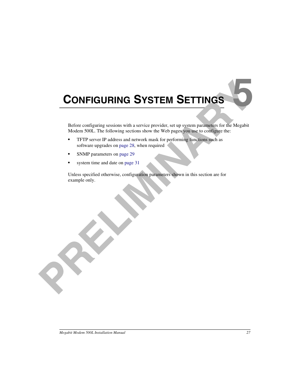 Configuring system settings, Chapter 5: configuring system settings, Pr el im in a ry | ADC 500L User Manual | Page 35 / 98