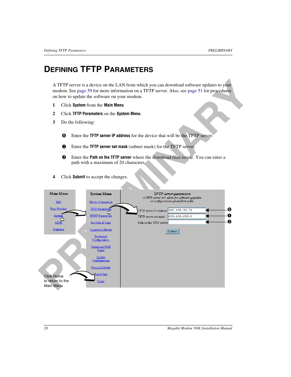 Defining tftp parameters, When, Pr el im in a ry | ADC 500L User Manual | Page 36 / 98