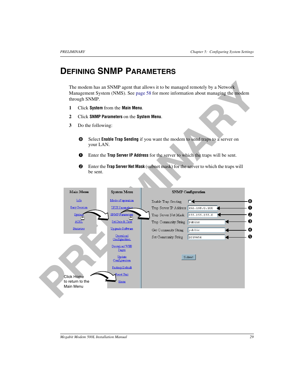 Defining snmp parameters, Pr el im in a ry | ADC 500L User Manual | Page 37 / 98