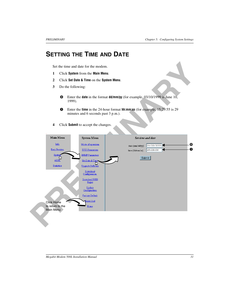 Setting the time and date, Pr el im in a ry | ADC 500L User Manual | Page 39 / 98