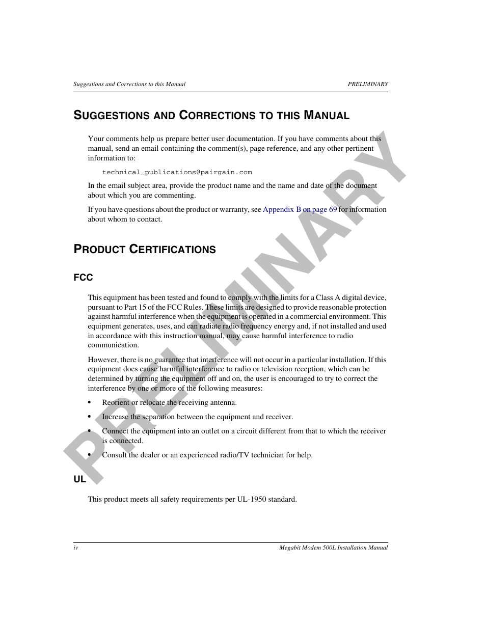 Suggestions and corrections to this manual, Product certifications, Pr el im in a ry | ADC 500L User Manual | Page 4 / 98