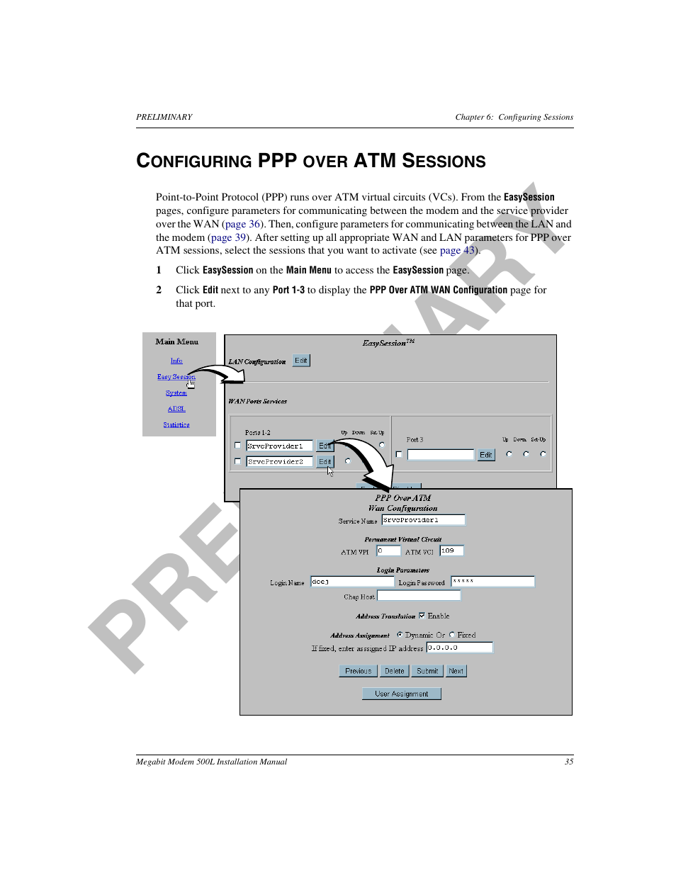 Configuring ppp over atm sessions, Pr el im in a ry | ADC 500L User Manual | Page 43 / 98
