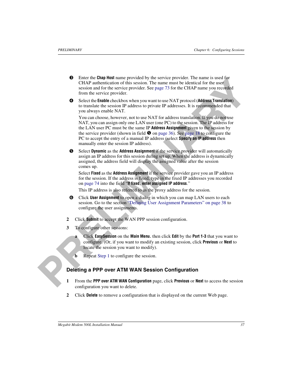 Deleting a ppp over atm wan session configuration, Pr el i m in a ry | ADC 500L User Manual | Page 45 / 98