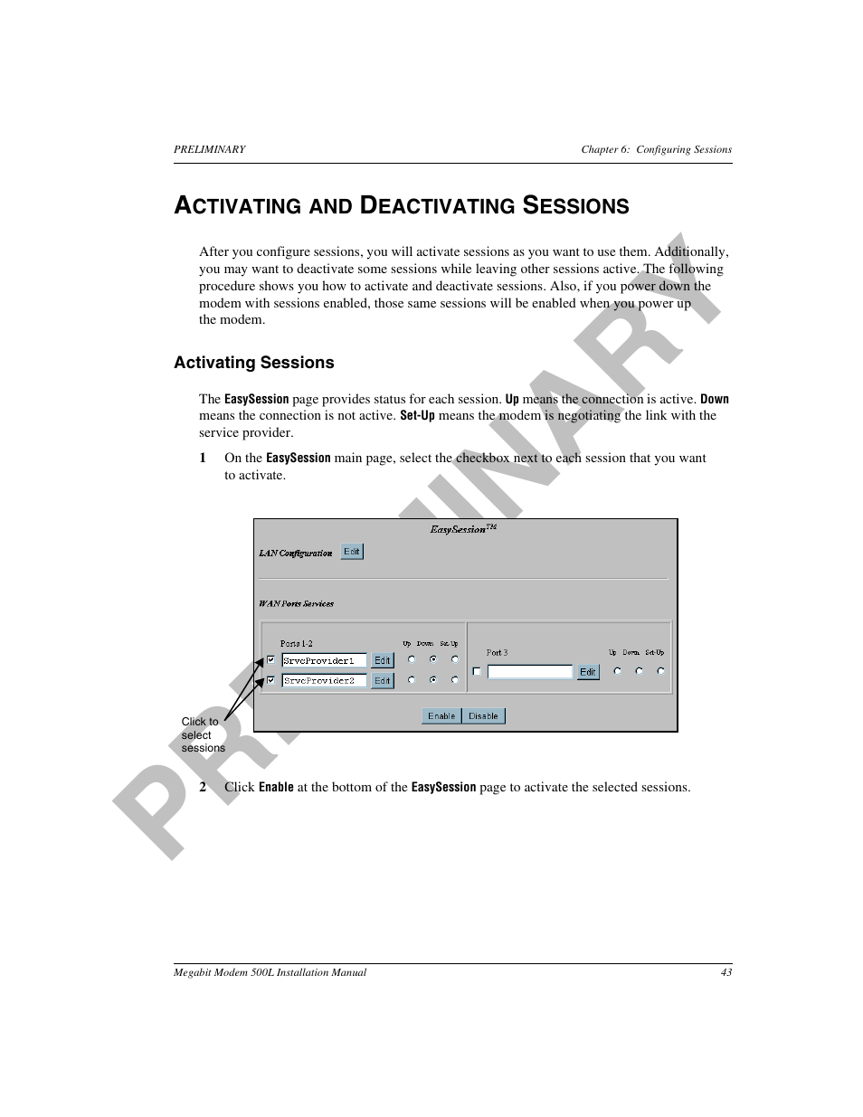 Activating and deactivating sessions, Activating sessions, Activating and de-activating sessions | Pr el im in a ry | ADC 500L User Manual | Page 51 / 98