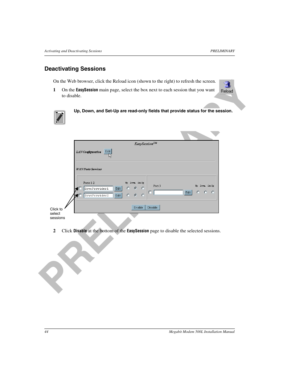 Deactivating sessions, De-activating sessions, Pr el im in a ry | ADC 500L User Manual | Page 52 / 98