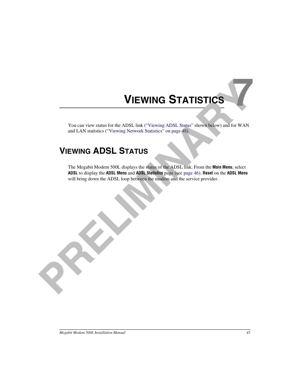 Viewing statistics, Viewing adsl status, Chapter 7: viewing statistics | ADC 500L User Manual | Page 53 / 98