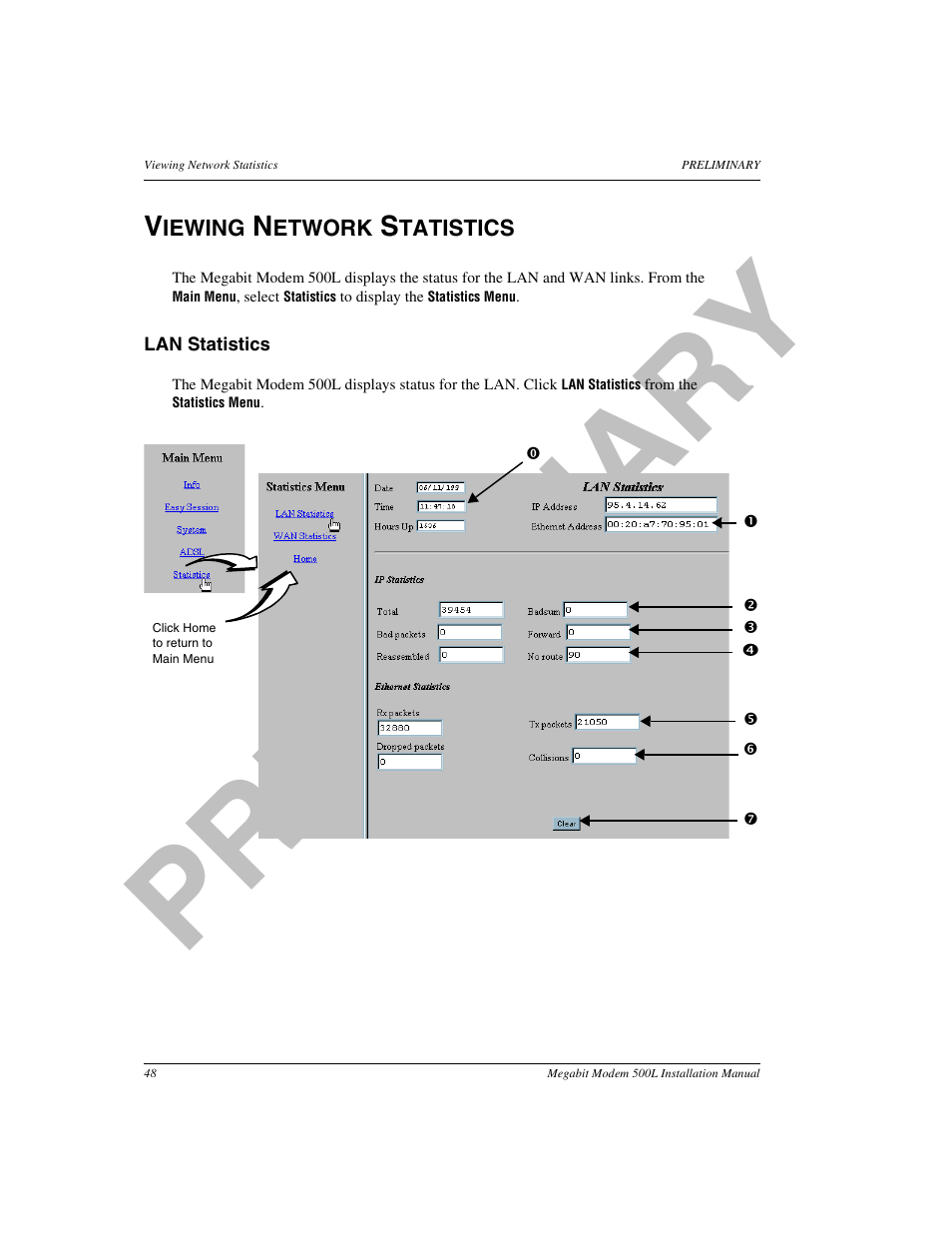 Viewing network statistics, Lan statistics, Pr el im in a ry | ADC 500L User Manual | Page 56 / 98