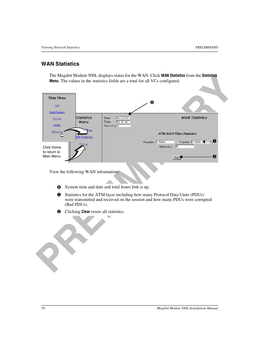 Wan statistics, Pr el im in a ry | ADC 500L User Manual | Page 58 / 98