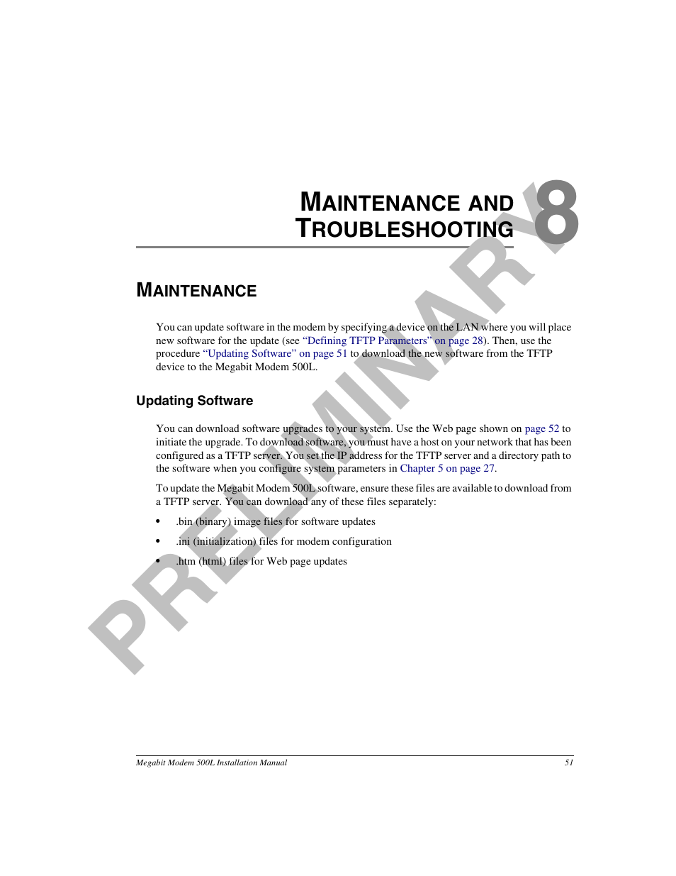 Maintenanceand troubleshooting, Maintenance, Updating software | Chapter 8: maintenance and troubleshooting, Pr el im in a ry | ADC 500L User Manual | Page 59 / 98