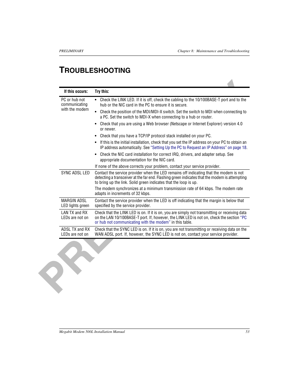 Troubleshooting, Installation kit, Pr el im in a ry | ADC 500L User Manual | Page 61 / 98