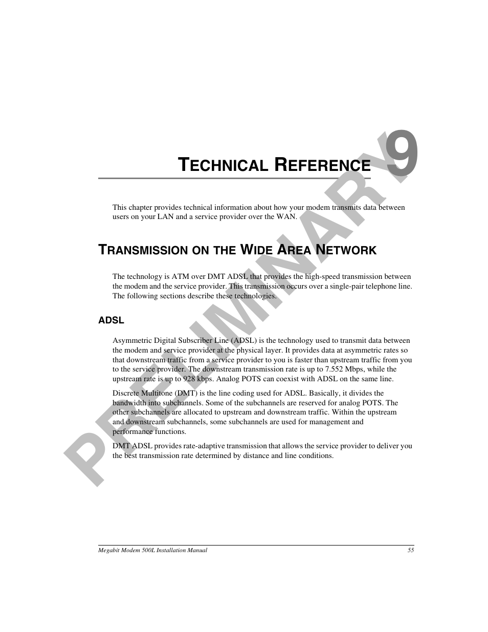 Technical reference, Transmission on the wide area network, Adsl | Chapter 9, Pr el im in a ry | ADC 500L User Manual | Page 63 / 98