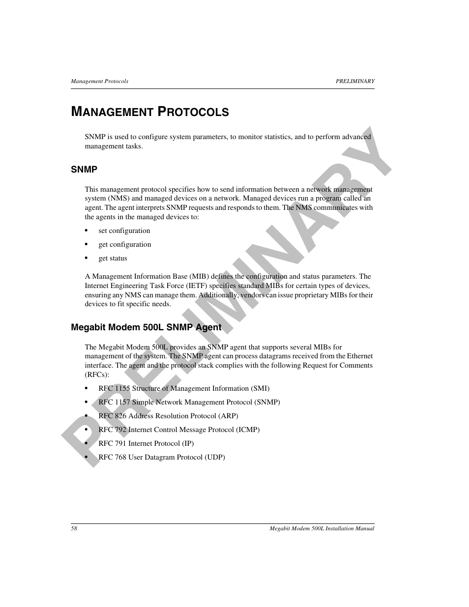 Management protocols, Snmp, Megabit modem 500l snmp agent | Megabit modem 500l snmp, Pr el im in a ry | ADC 500L User Manual | Page 66 / 98