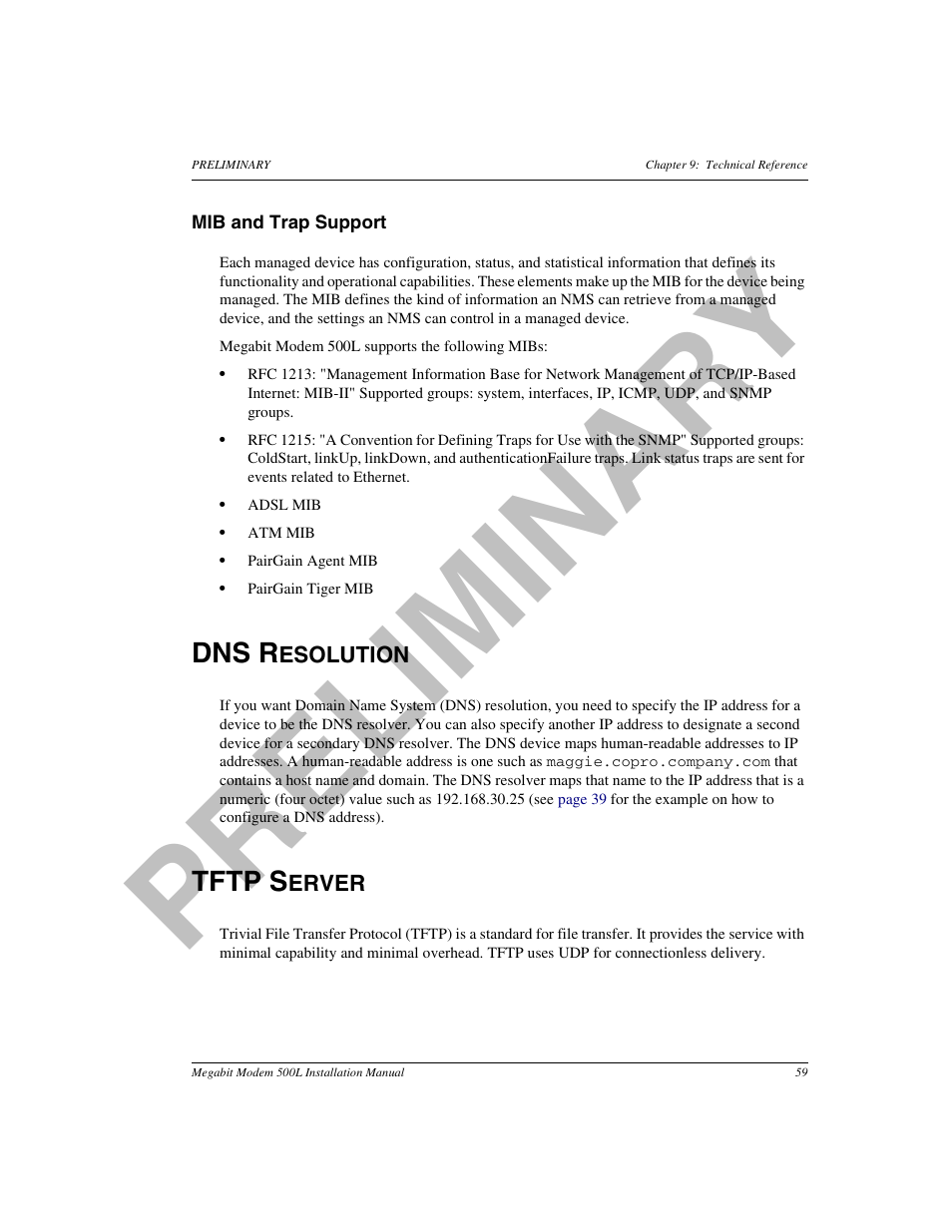 Mib and trap support, Dns resolution, Tftp server | Pr el im in a ry | ADC 500L User Manual | Page 67 / 98