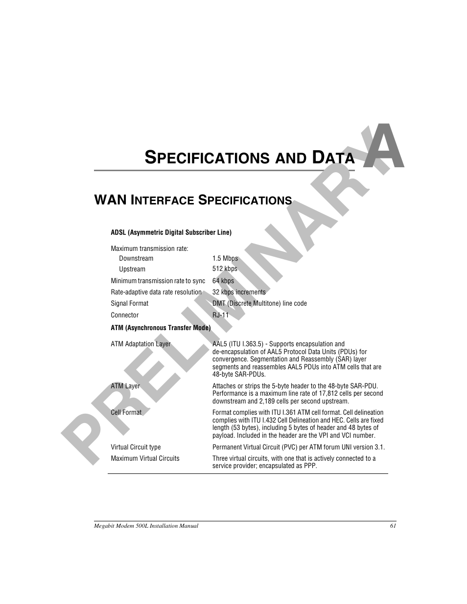 Specifications and data, Wan interface specifications, Appendix a: specifications and data | Pr el im in a ry | ADC 500L User Manual | Page 69 / 98