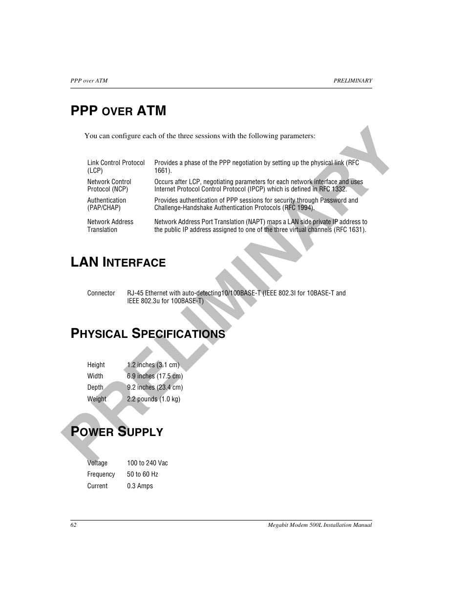 Ppp over atm, Lan interface, Physical specifications | Power supply, Encapsulation, Pr el im in a ry | ADC 500L User Manual | Page 70 / 98