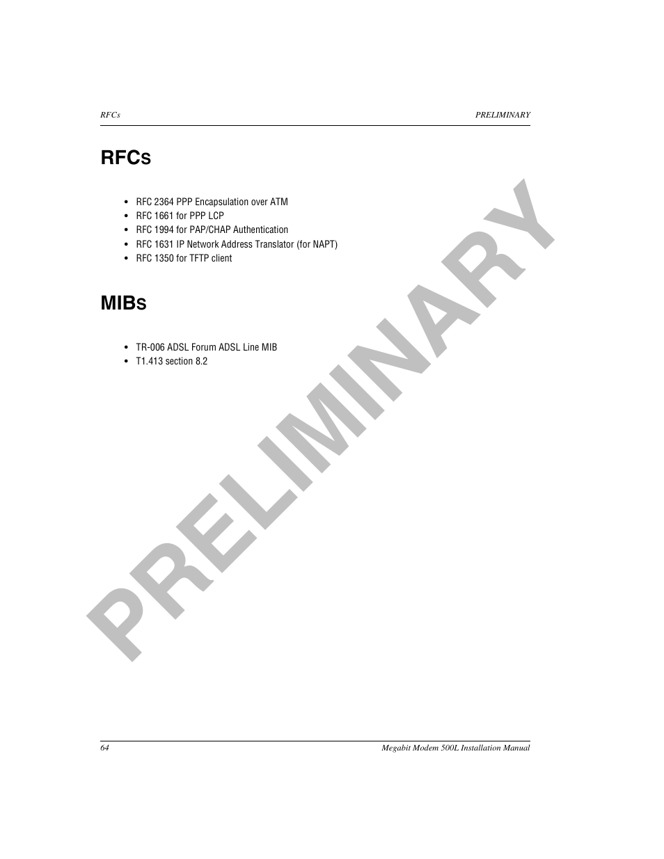 Rfcs, Mibs, Pr el im in a ry | ADC 500L User Manual | Page 72 / 98