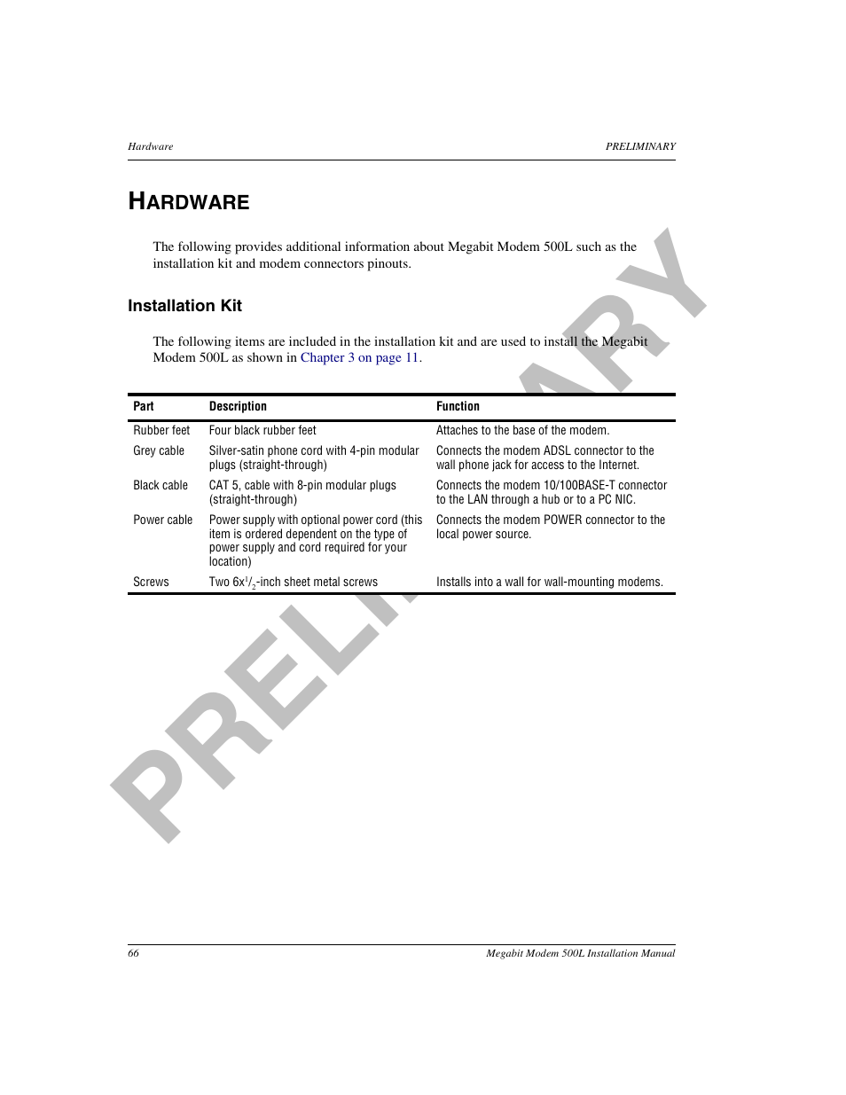 Hardware, Installation kit, Pr el im in a ry | ADC 500L User Manual | Page 74 / 98