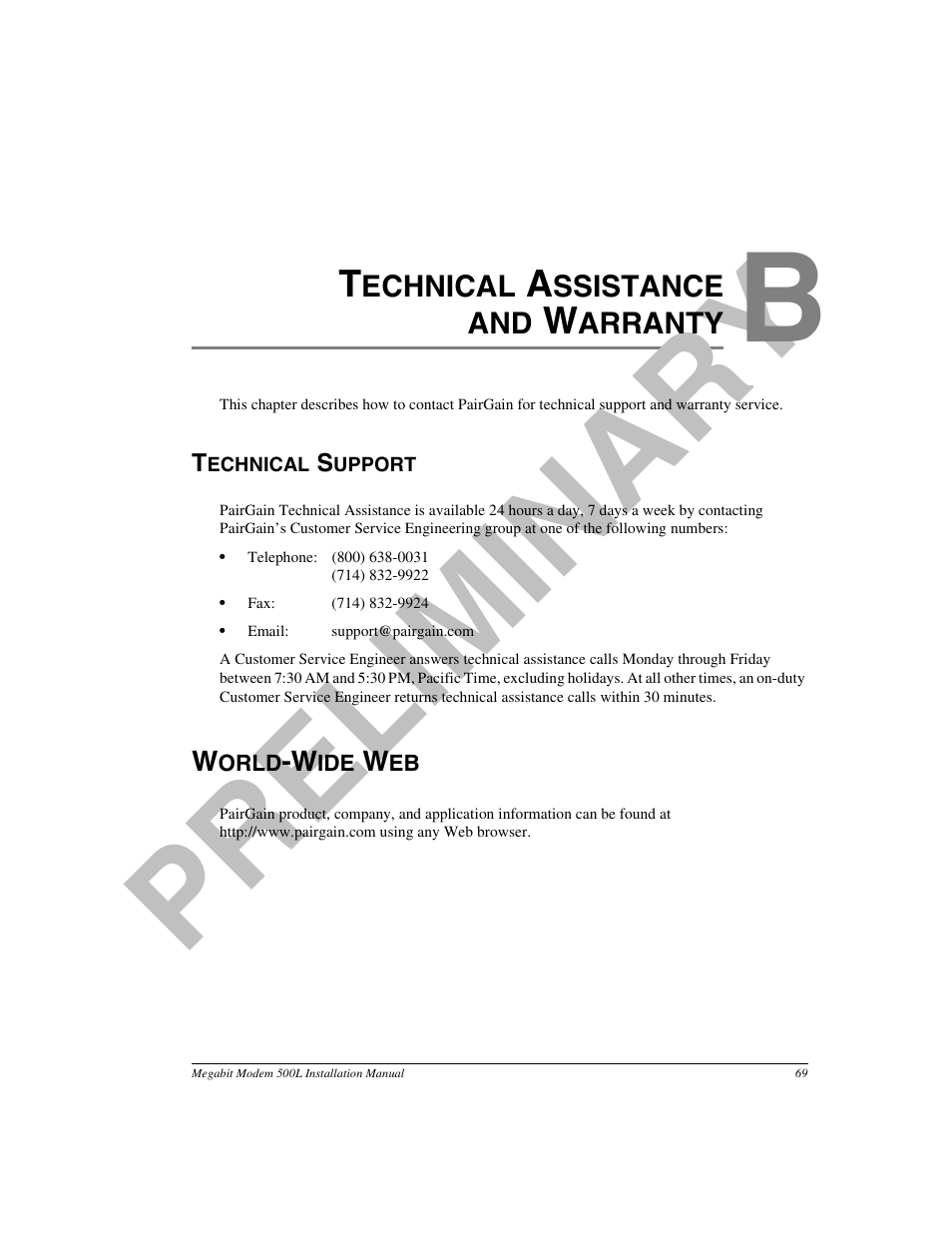 Technical assistance andwarranty, Technical support, World-wide web | Appendix b: technical assistance and warranty, Pr el im in a ry | ADC 500L User Manual | Page 77 / 98