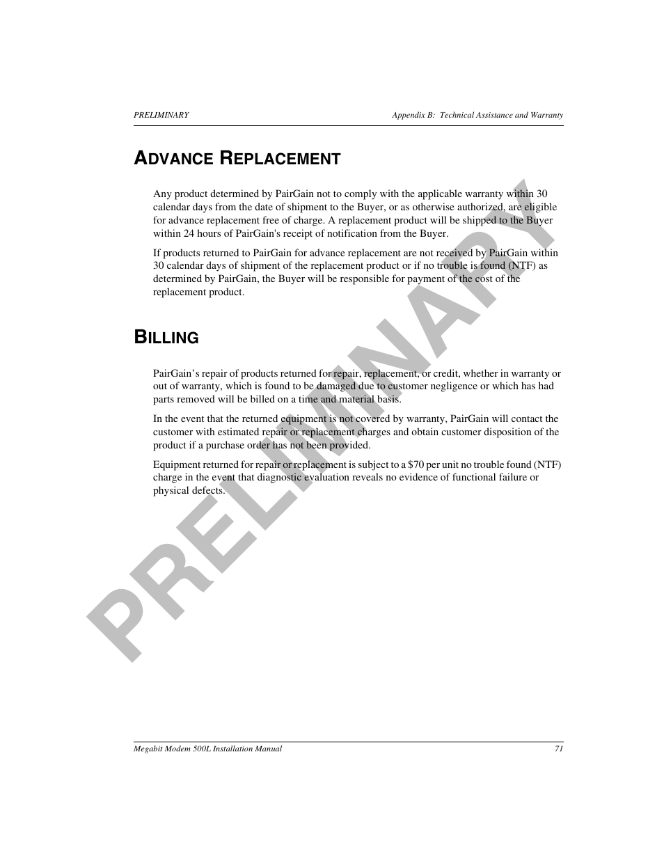 Advance replacement, Billing, Pr el im in a ry | ADC 500L User Manual | Page 79 / 98