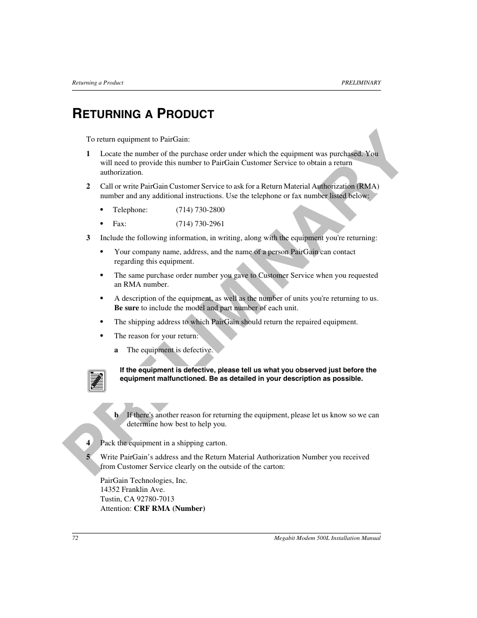 Returning a product, Pr el im in a ry | ADC 500L User Manual | Page 80 / 98