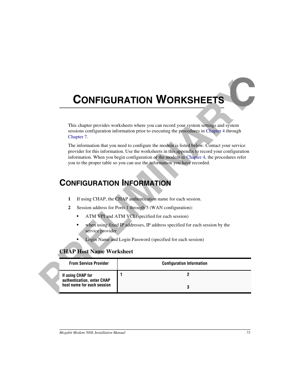 Configuration worksheets, Configuration information, Appendix c: configuration worksheets | Pr el im in a ry | ADC 500L User Manual | Page 81 / 98